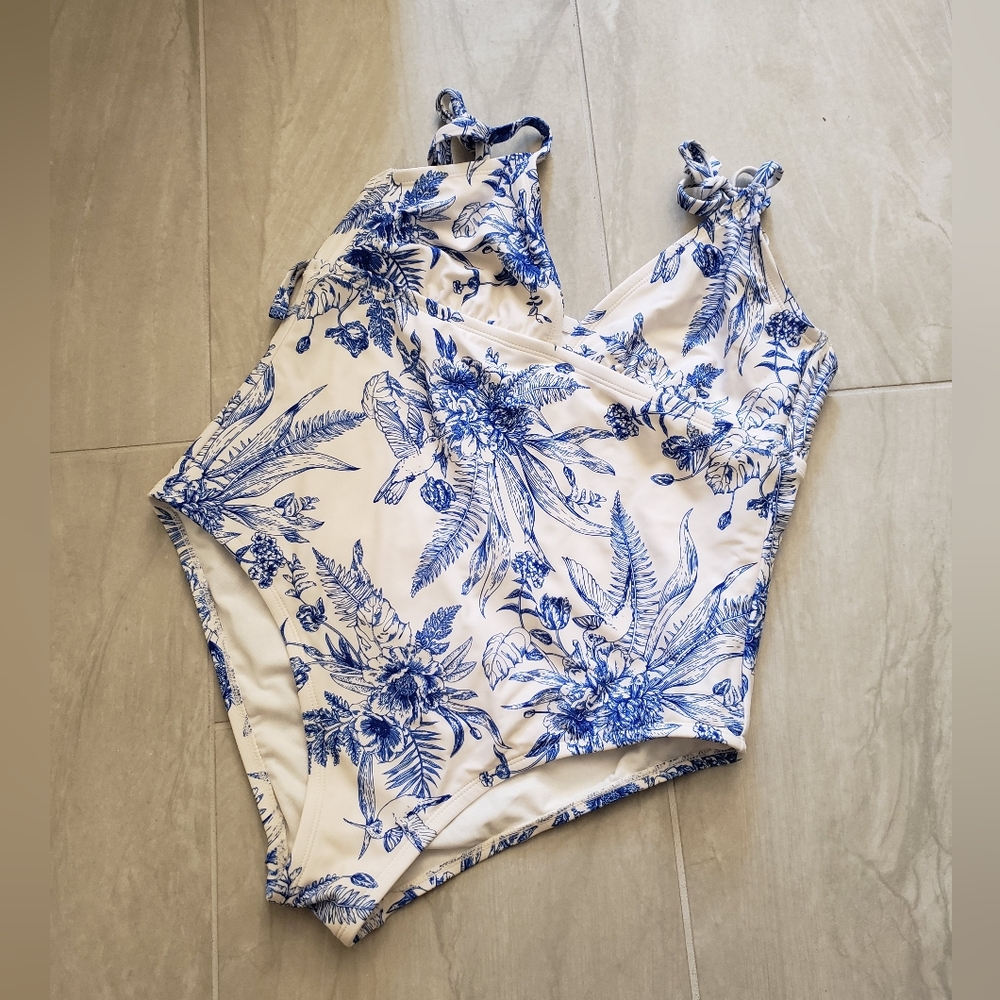 Kona Sol Humming Bird Floral White & Blue One Piece Swimsuit